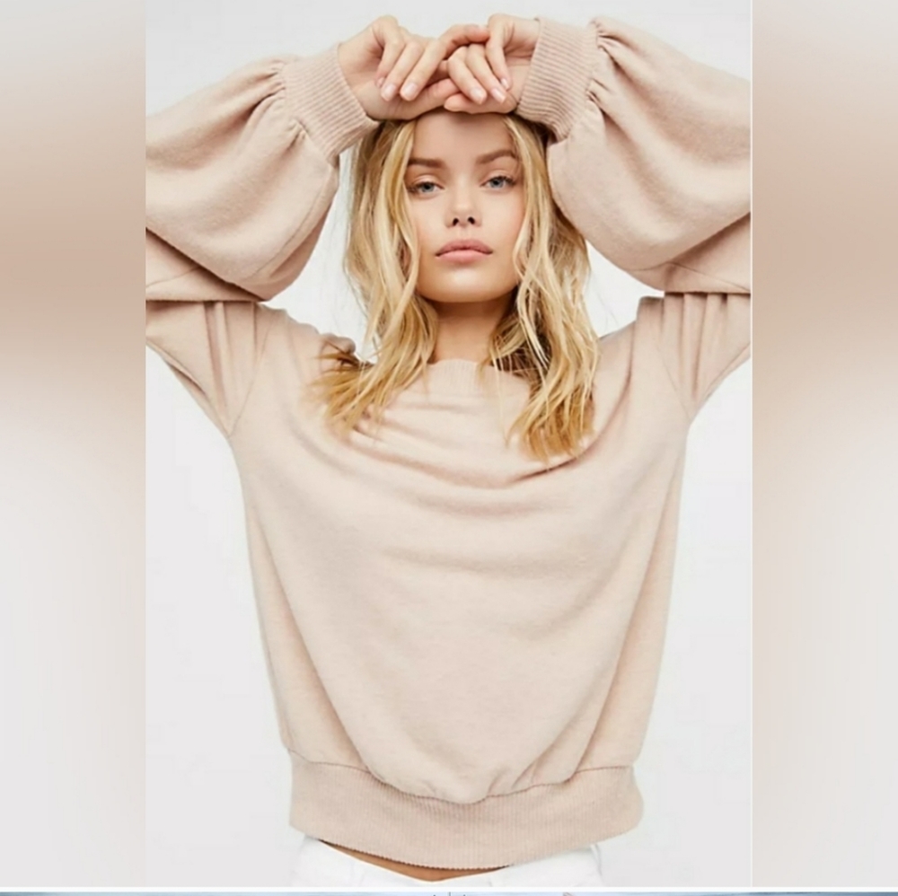 Free People Women's Beach Knit Pullover Bell Sleeve Neutral Blouse Top